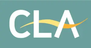 CLA text logo in white with a yellow curved swoosh on a teal background