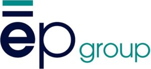EP Group logo with dark blue ep and teal group text