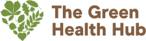 Green leaf heart icon beside text The Green Health Hub in brown and green