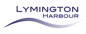 Lymington Harbour logo with blue text and a curved wave line underneath