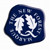 Blue hexagonal logo with white tree silhouettes and the text "MARQUE THE NEW FOREST" around the edge