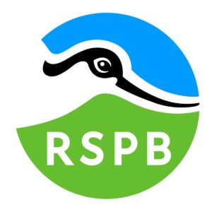 RSPB logo with stylised bird head in black and white, blue arc above and green arc below with letters RSPB