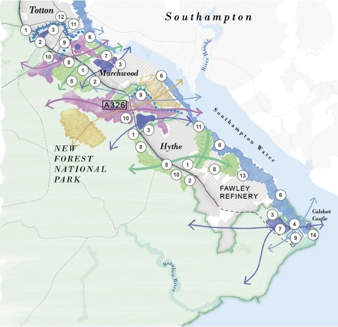 Illustrative map of Waterside with green links and numbered routes around Totton, Marchwood, Hythe and Fawley Refinery near Southampton Water