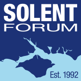 Solent Forum logo with white text on dark blue, light blue wave splash graphic, and Est. 1992